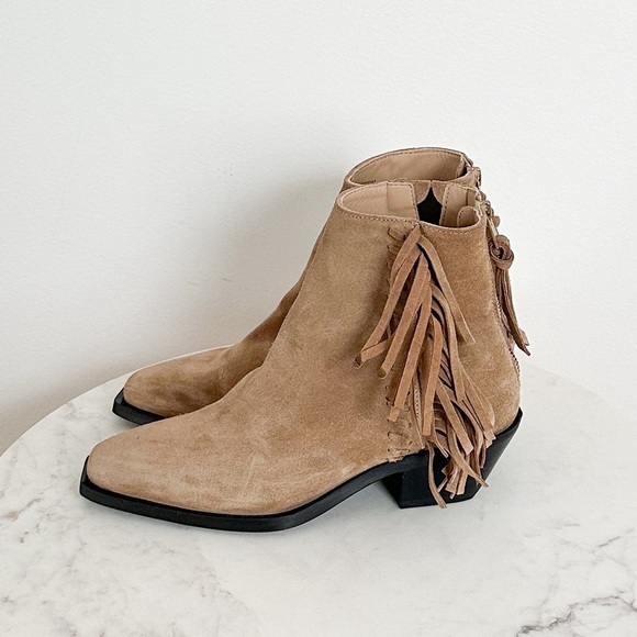 All Saints NEW Layla Cognac Sand Suede Fringe Zip Heel Ankle Booties Size 7 - Picture 8 of 12